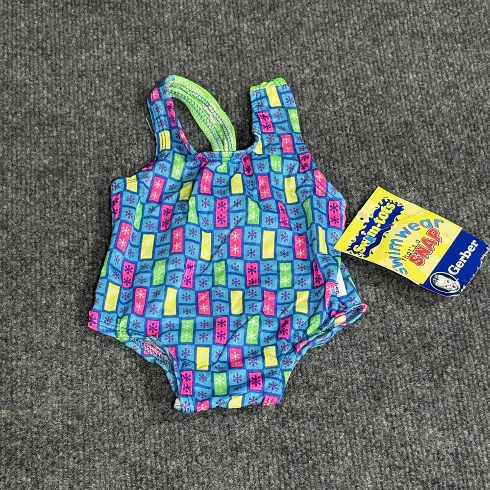 Vintage Gerber One Piece Swimsuit Girls 12M Blue Geometric Bow Stretch